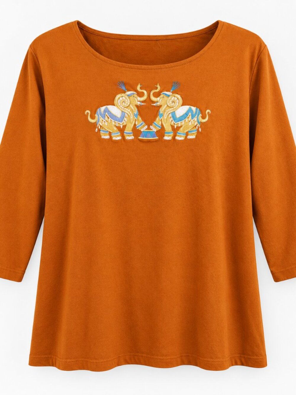 Karen Scott 2X Rust Orange Embroidered Elephant Boho Cotton Top